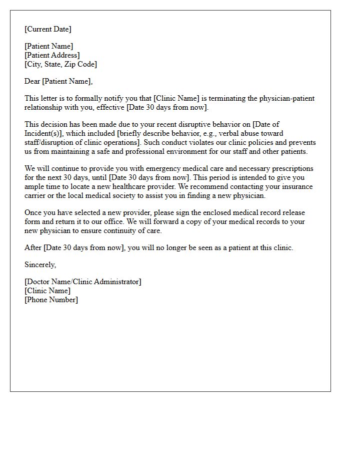 Medical Clinic Dismissal Letter for Disruptive Patient Behavior
