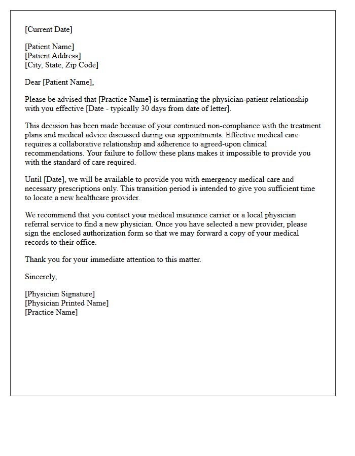 Patient Dismissal Letter for Non-Compliance With Treatment Plans
