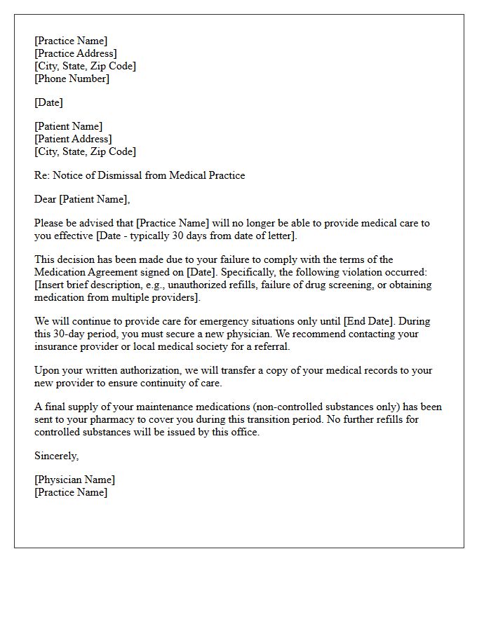 Letter of Patient Dismissal for Violation of Medication Agreements