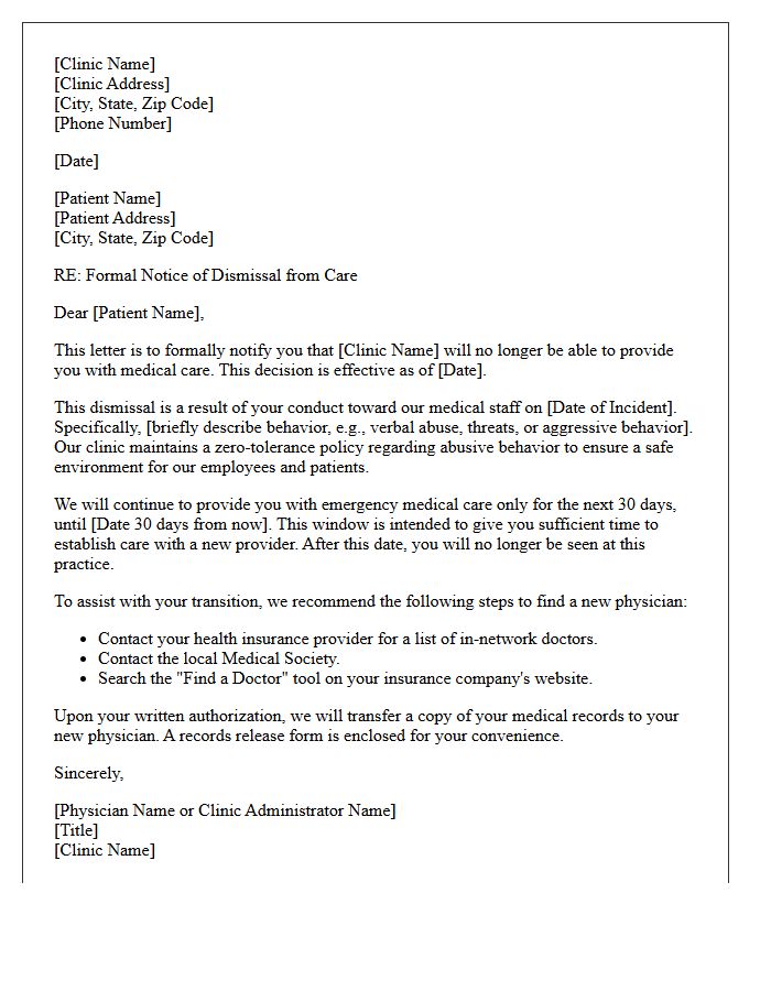 Clinic Dismissal Letter for Abusive Conduct Toward Medical Staff