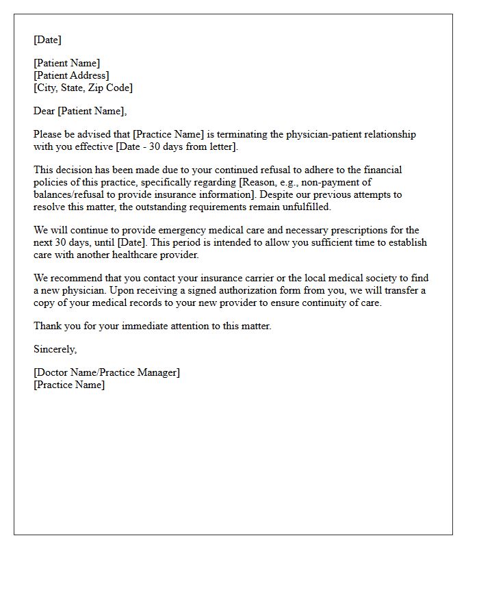 Patient Dismissal Letter for Refusal to Adhere to Financial Policies