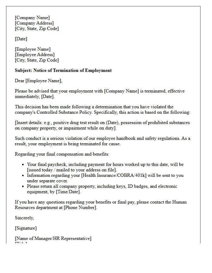 Letter of Dismissal for Violation of Controlled Substance Policies