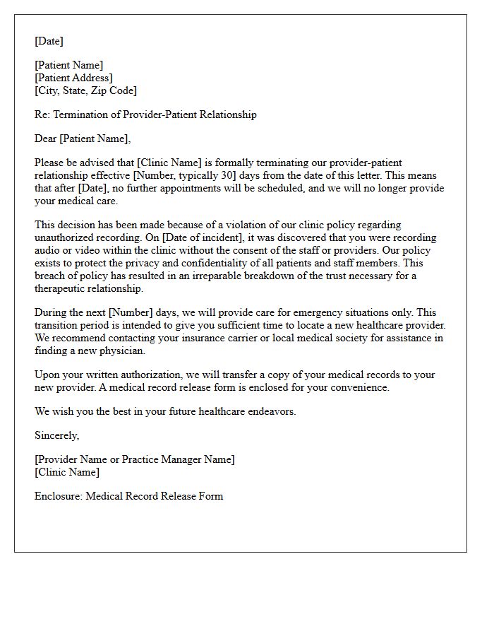 Letter of Patient Dismissal for Unauthorized Recording in the Clinic