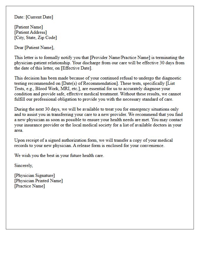 Patient Dismissal Letter for Refusal to Comply With Diagnostic Testing