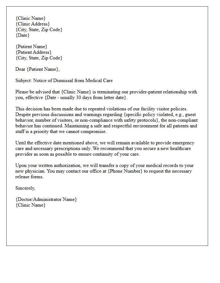 Clinic Dismissal Letter for Repeated Disregard of Facility Visitor Policies