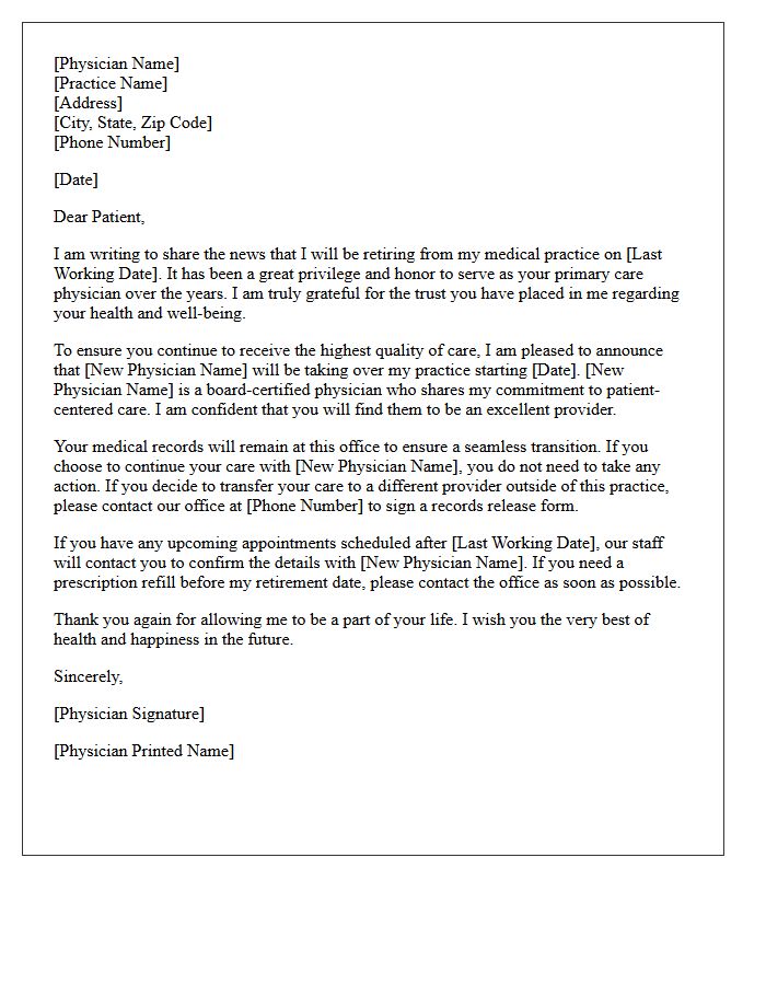 Primary Care Physician Retirement and Patient Transition Letter