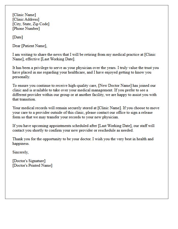 Medical Clinic Notice of Doctor Retirement and Care Transfer Letter