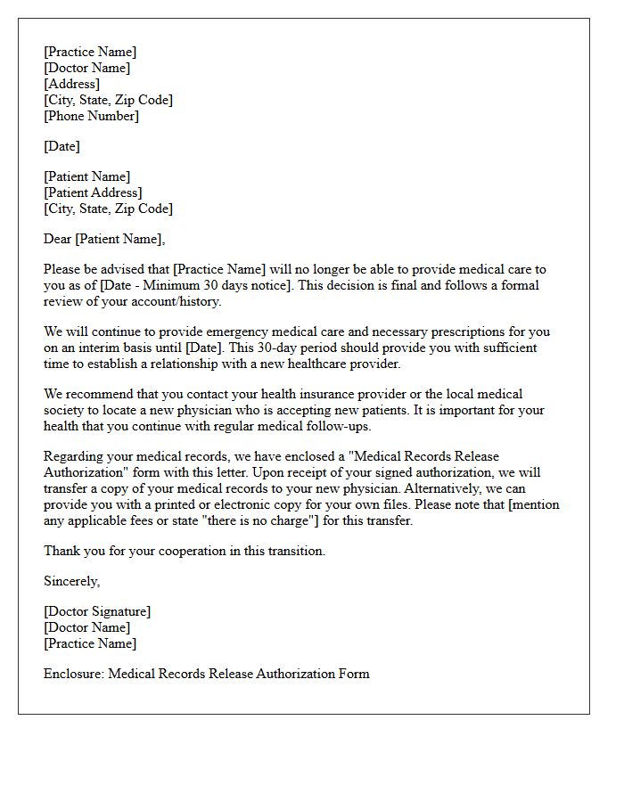 Formal Patient Dismissal and Medical Records Transfer Letter