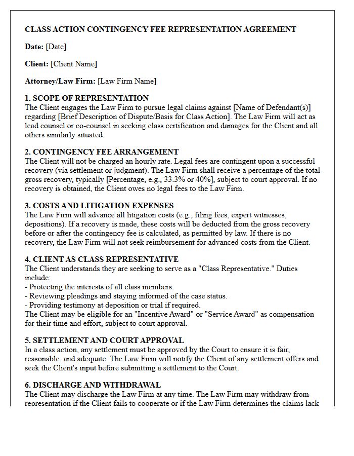 Class Action Contingency Fee Representation Engagement Letter