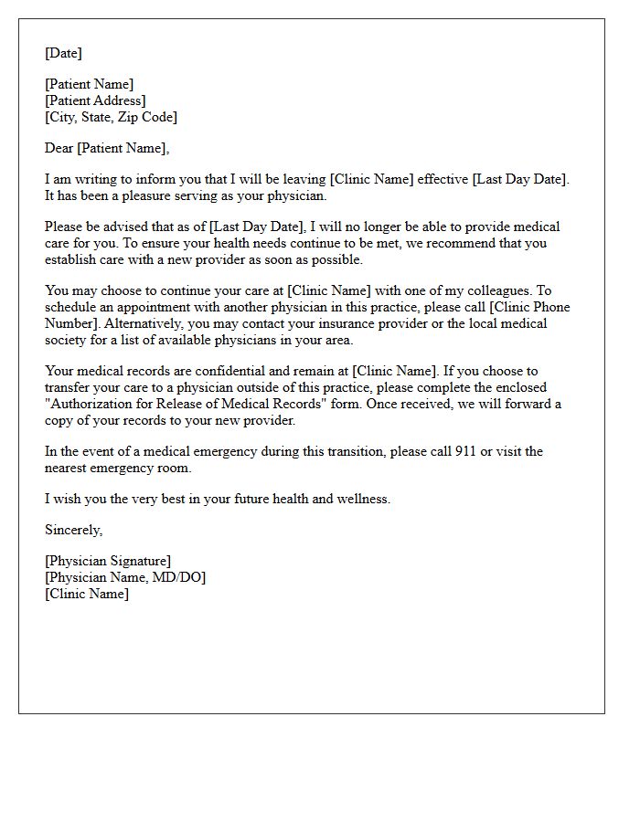 Medical Clinic Physician Departure and Patient Dismissal Letter