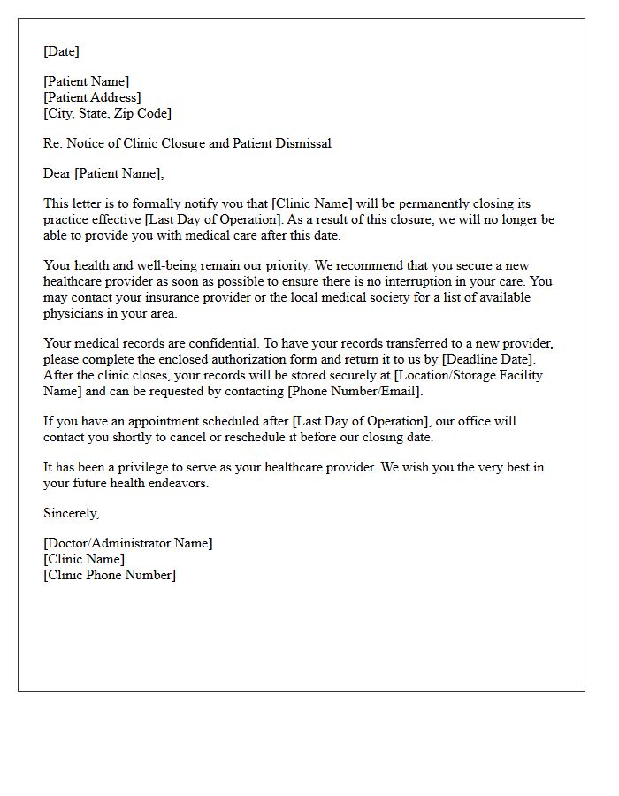 Patient Dismissal Letter Due to Permanent Clinic Closure