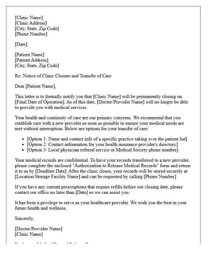 Transfer of Care Patient Dismissal Letter for Clinic Closure