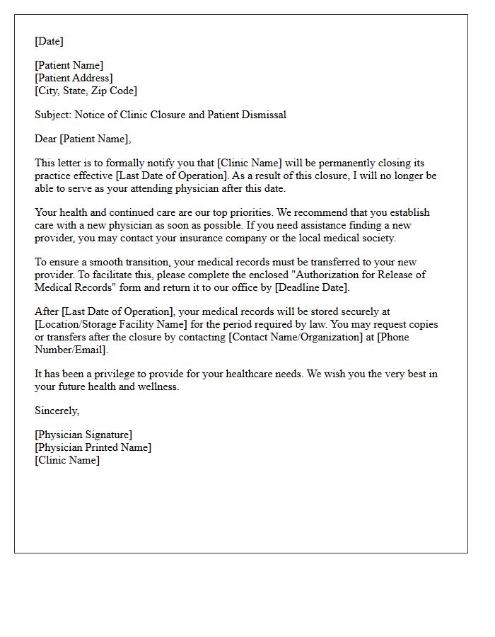 Medical Records Transfer and Clinic Closure Patient Dismissal Letter