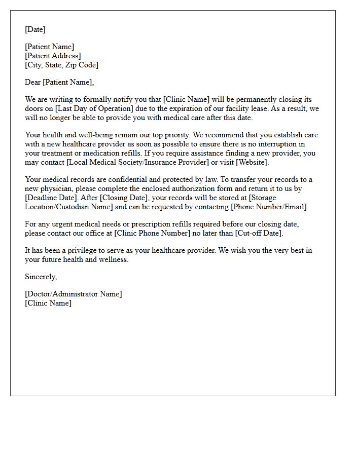 Facility Lease Expiration Clinic Closure Patient Dismissal Letter