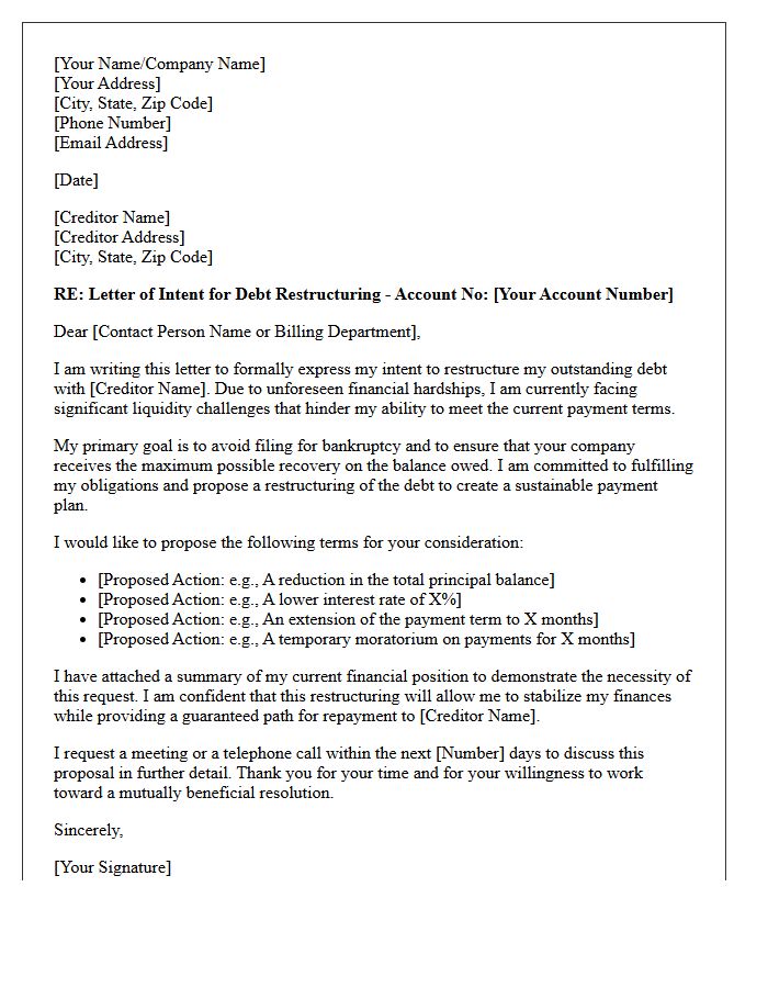 Letter of Intent for Bankruptcy Avoidance Debt Restructuring