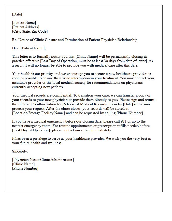 Thirty Day Notice of Clinic Closure Patient Dismissal Letter