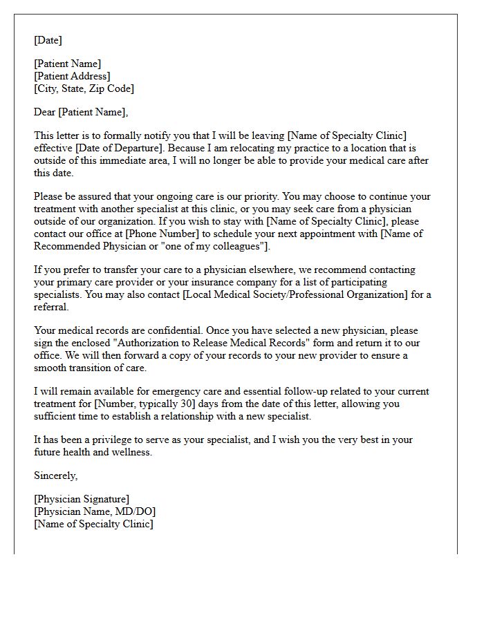 Specialty Medical Clinic Physician Relocation Patient Dismissal Letter