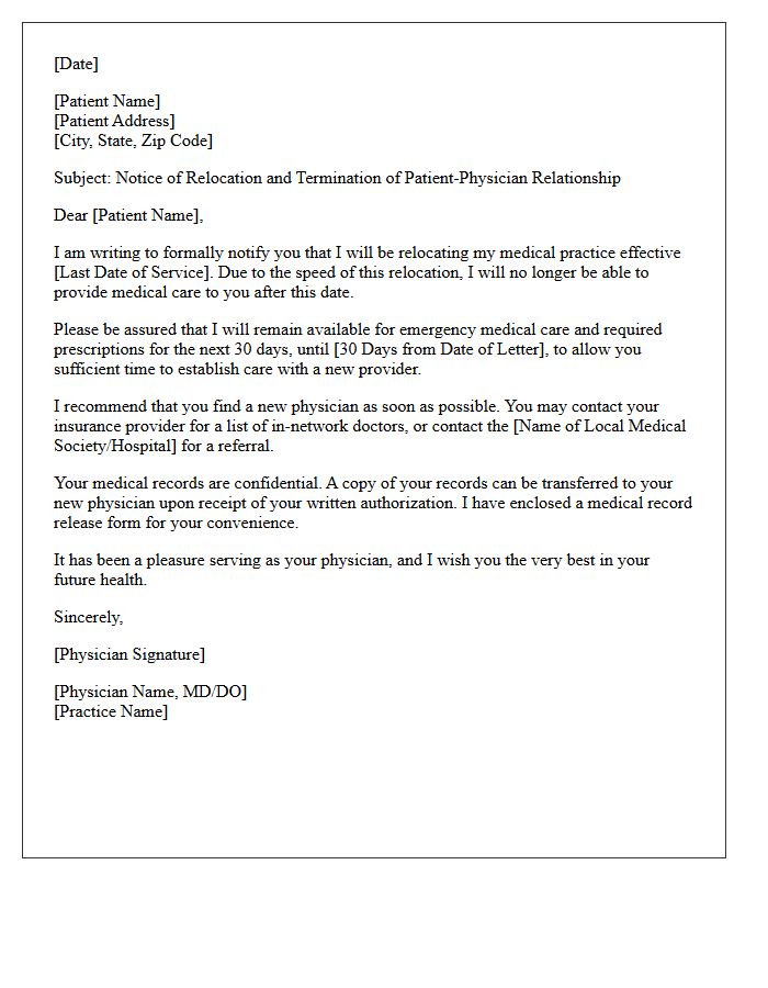 Immediate Physician Relocation Patient Dismissal Letter