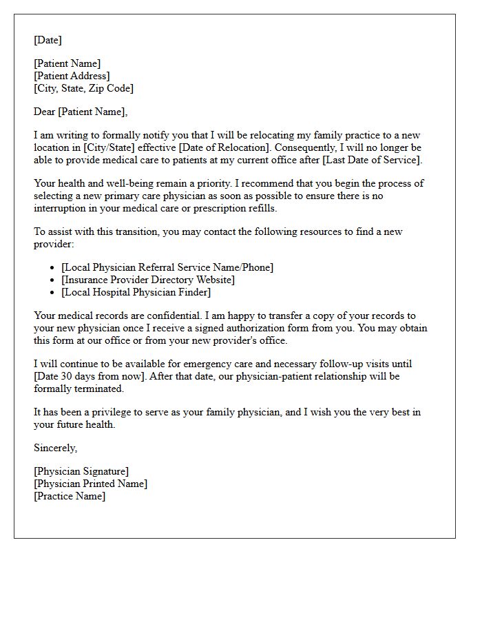 Family Practice Physician Relocation Patient Dismissal Letter