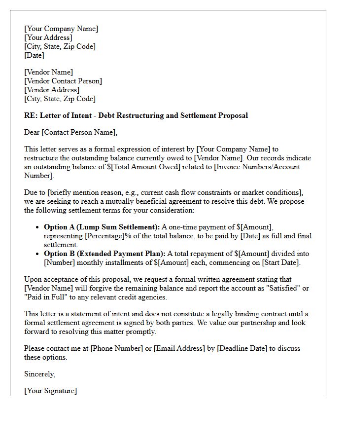 Vendor Settlement Letter of Intent for Debt Restructuring