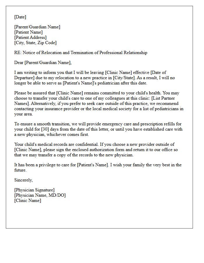 Pediatric Medical Clinic Physician Relocation Patient Dismissal Letter