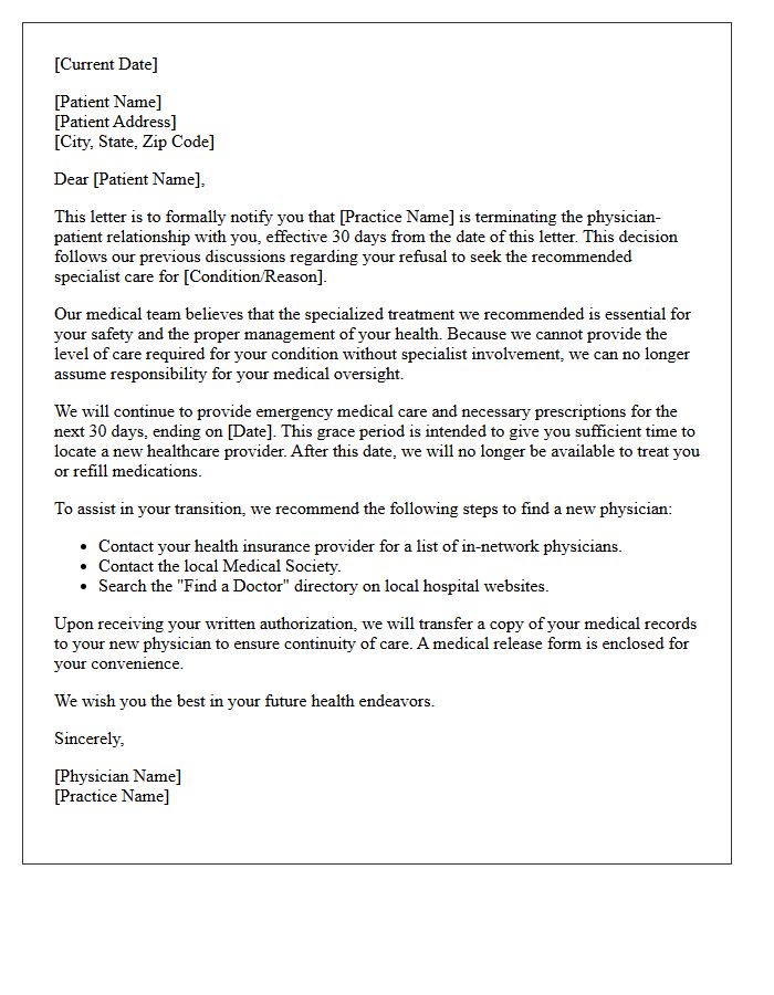 Patient Dismissal Letter for Refusal of Recommended Specialist Care