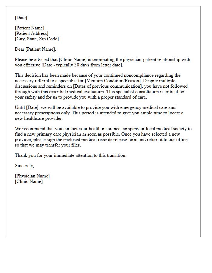 Medical Clinic Patient Dismissal Letter for Noncompliance with Specialist Referral