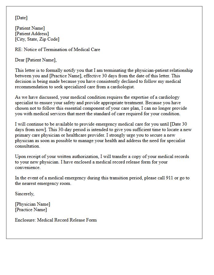 Patient Dismissal Letter for Declining Recommended Cardiology Specialist Care