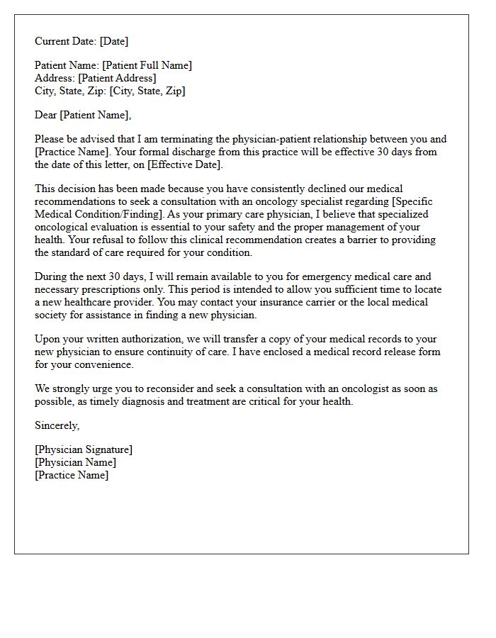 Patient Dismissal Letter for Refusal to Seek Oncology Specialist Consultation