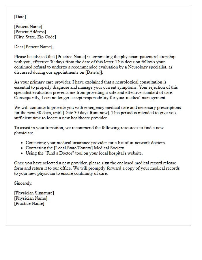 Patient Dismissal Letter for Rejecting Recommended Neurology Specialist Evaluation