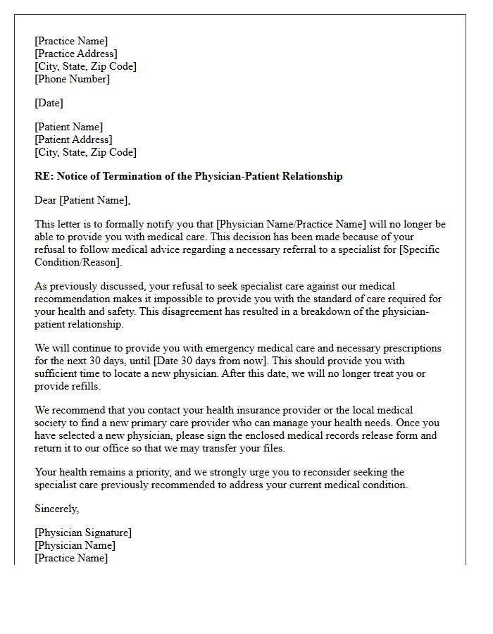 Patient Dismissal Letter for Against Medical Advice Refusal of Specialist Care
