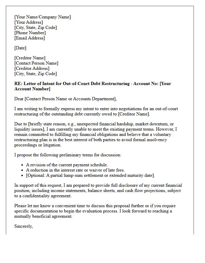 Letter of Intent for Out-of-Court Debt Restructuring