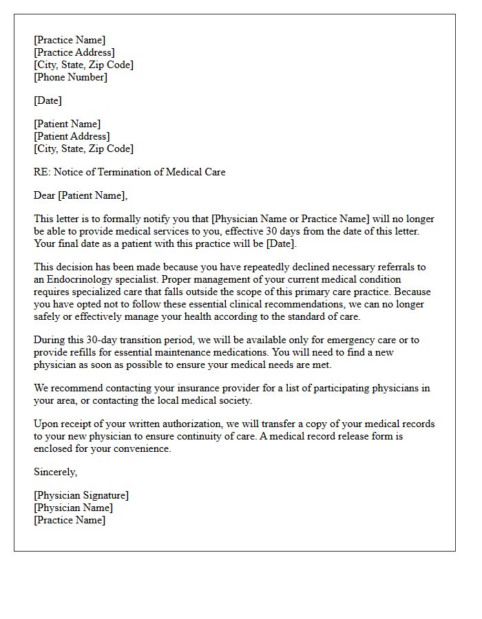 Patient Dismissal Letter for Declining Endocrinology Specialist Care