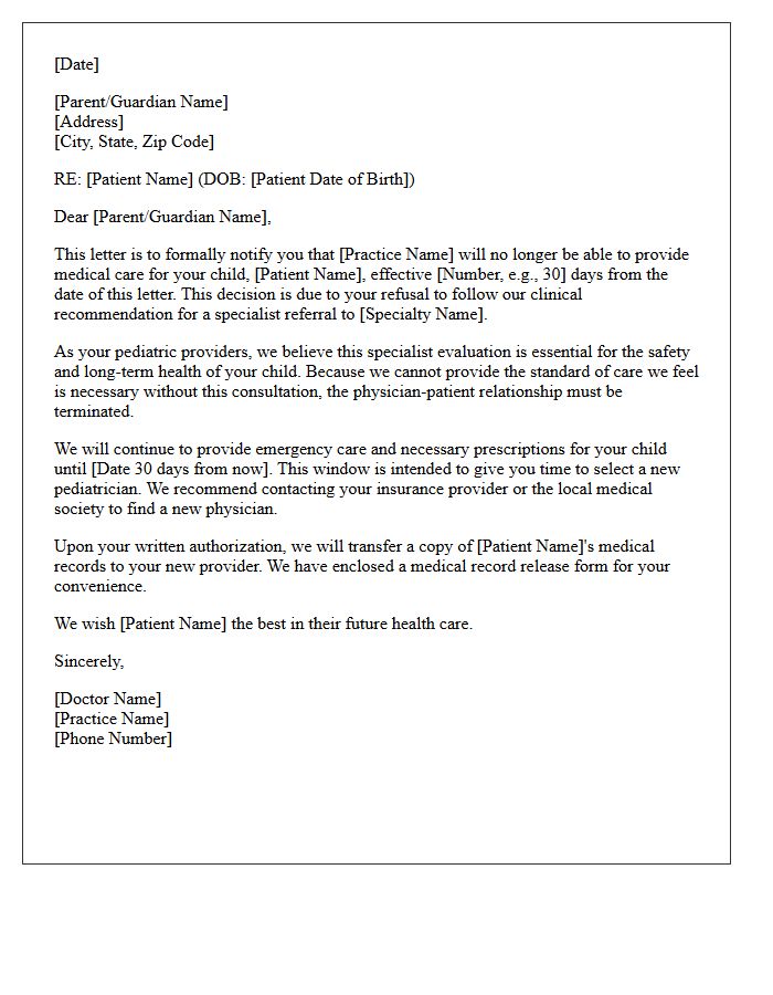 Pediatric Patient Dismissal Letter for Parental Refusal of Specialist Care