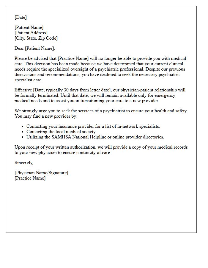 Patient Dismissal Letter for Refusal to Seek Psychiatric Specialist Care