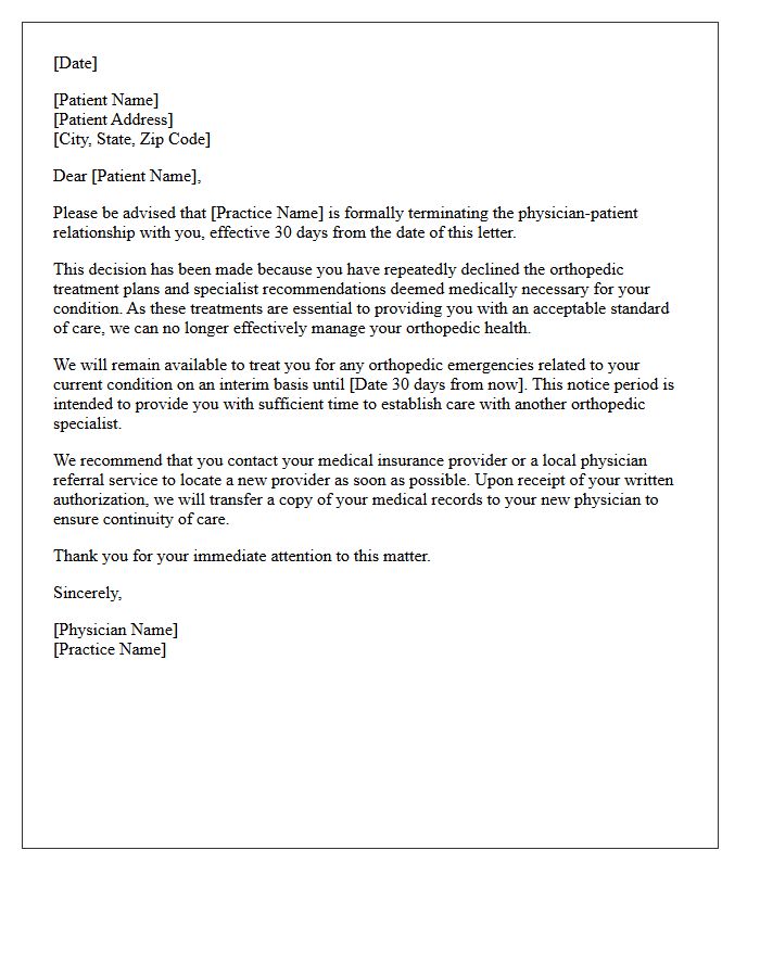 Patient Dismissal Letter for Rejecting Orthopedic Specialist Treatment