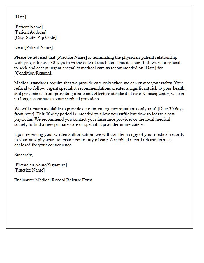 Patient Dismissal Letter for Refusal of Urgent Specialist Medical Care