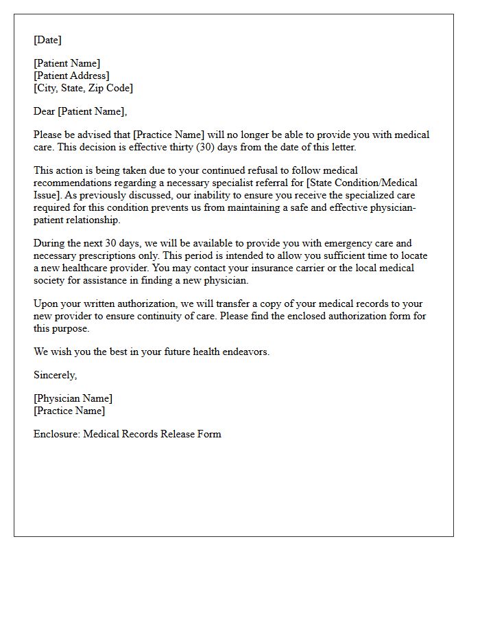 Final Notice Patient Dismissal Letter for Refusing Recommended Specialist Care