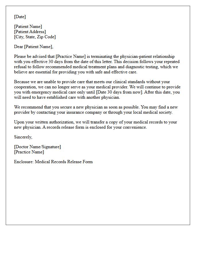 Standard Patient Dismissal Letter for Refusal of Treatment