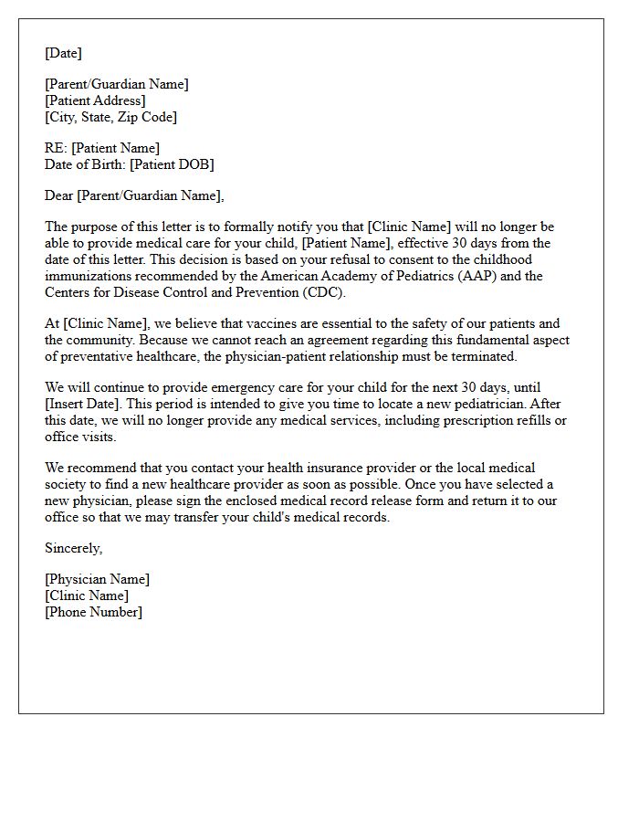 Pediatric Clinic Dismissal Letter for Vaccine Consent Refusal