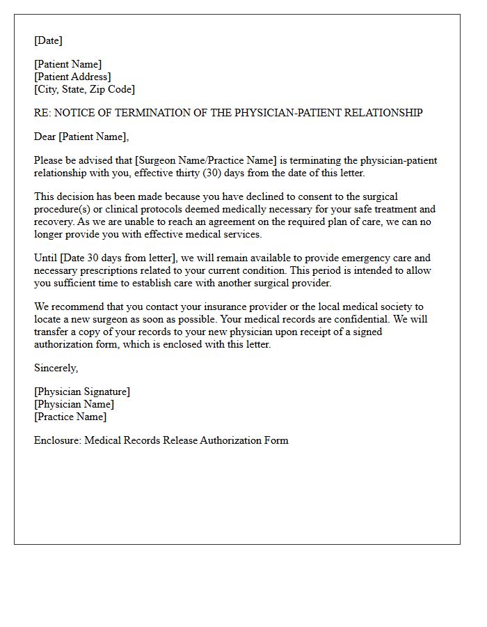 Surgical Practice Dismissal Letter for Procedure Non-Consent