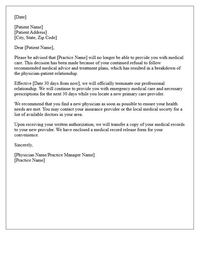 Primary Care Dismissal Letter for Refusing Medical Advice