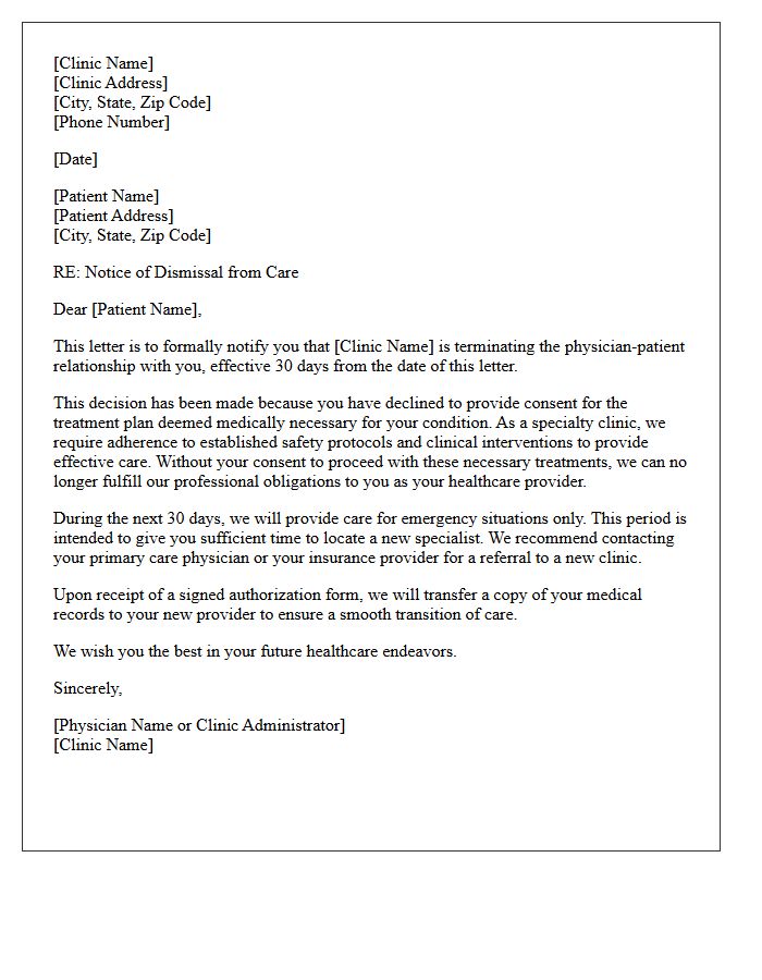 Specialty Clinic Dismissal Letter for Treatment Consent Denial