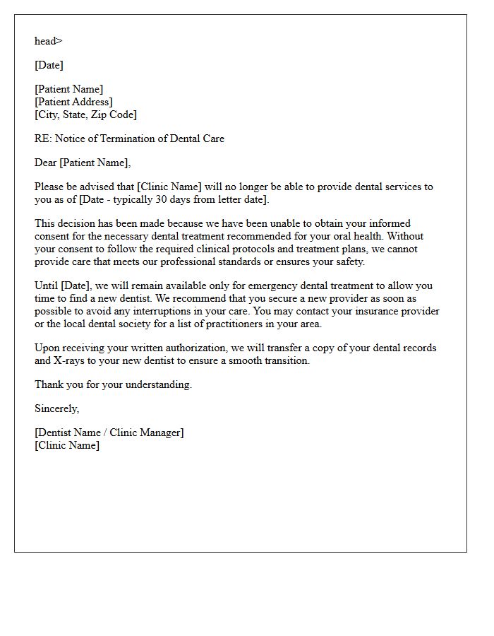 Dental Clinic Dismissal Letter for Refusal to Consent