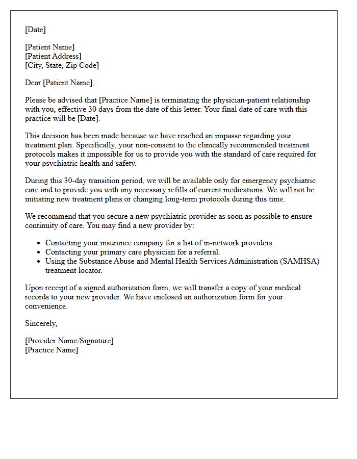 Psychiatric Practice Dismissal Letter for Care Non-Consent