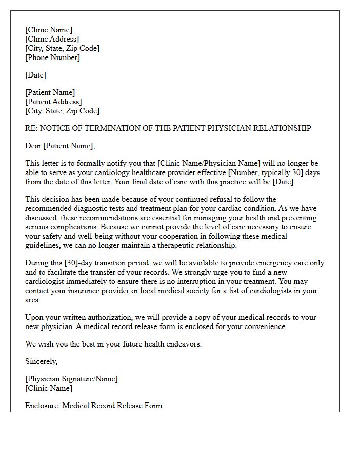 Cardiology Clinic Dismissal Letter for Refusal of Recommended Care