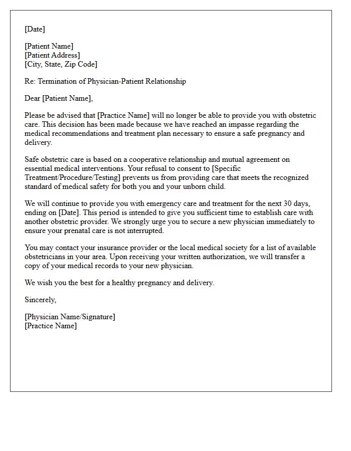 Obstetrics Practice Dismissal Letter for Treatment Consent Refusal