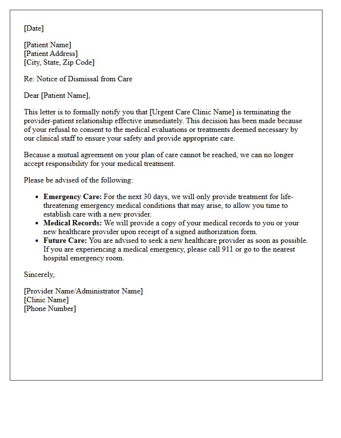Urgent Care Dismissal Letter for Refusal to Consent