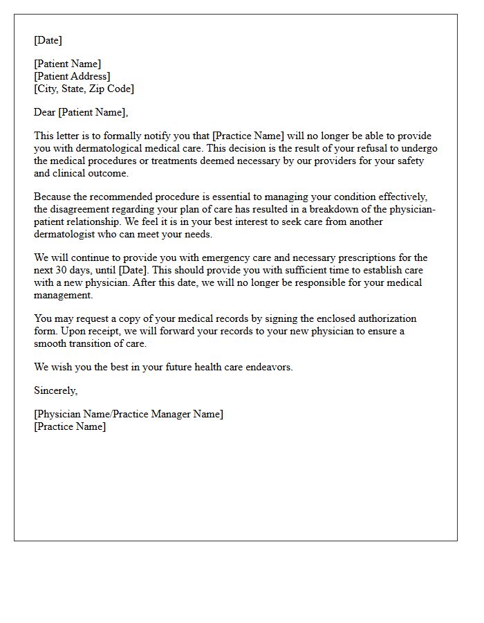Dermatology Practice Dismissal Letter for Procedure Refusal