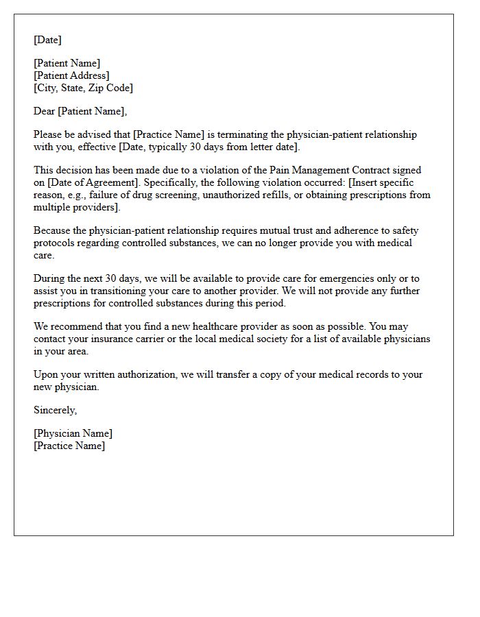 Patient Dismissal Letter for Violation of Pain Management Contract